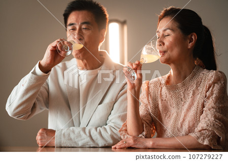 Seniors toasting to their anniversary Seniors toasting to their anniversary 107279227