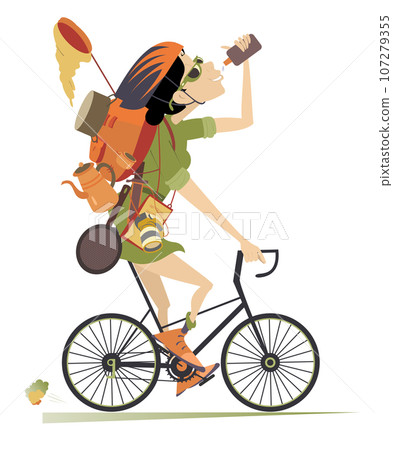 Cycling traveler woman illustration.  Cycling tourist woman with tourist equipment on the back drinks water. Isolated on white background 107279355