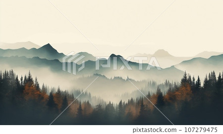Aerial view of mountains with trees and storms in the background, in the style of romanticism vintage photo. Dull misty day hills landscape Aerial view of mountains with trees and storms in the background, in the style of romanticism vintage photo. Dull misty day hills landscape 107279475