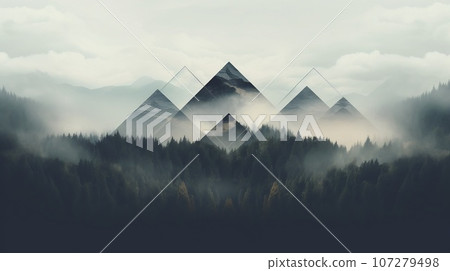 Aerial view of mountains with trees and storms in the background, in the style of romanticism vintage photo. Dull misty day hills landscape, geometrical shapes 107279498