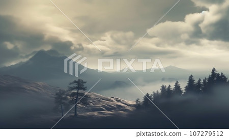 Aerial view of mountains with trees and storms in the background, in the style of romanticism vintage photo. Dull misty day hills landscape 107279512