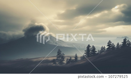 Aerial view of mountains with trees and storms in the background, in the style of romanticism vintage photo. Dull misty day hills landscape 107279525
