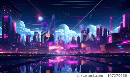 Cyberpunk Retro Futuristic City with Neon Lights Cyberpunk Retro Futuristic City with Neon Lights 107279686