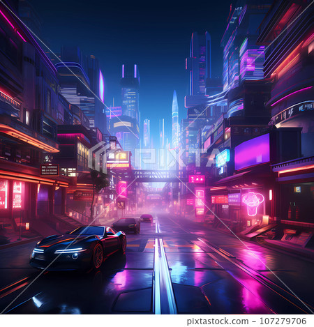Cyberpunk Retro Futuristic City with Neon Lights 107279706