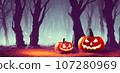Halloween. Dark forest and pumpkin (jack-o-lantern) background generated AI image Halloween. Dark forest and pumpkin (jack-o-lantern) background generated AI image 107280969