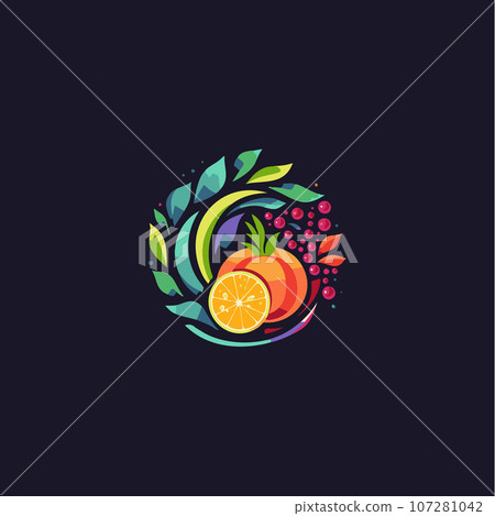 Bright colorful delicious fruit slice icon. Healthy natural organic food symbol. Abstract versatile graphic logo, creative flat design for cafe, restaurant, or juice and food brand. Vector logo Bright colorful delicious fruit slice icon. Healthy natural organic food symbol. Abstract versatile graphic logo, creative flat design for cafe, restaurant, or juice and food brand. Vector logo 107281042