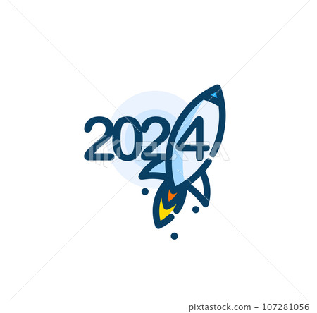 2024 Rocket Launch Celebration in Cartoon Style. Vibrant, playful logo. Ideal for new year event promotions and business ventures, greeting card and calendars. Vector illustration 2024 Rocket Launch Celebration in Cartoon Style. Vibrant, playful logo. Ideal for new year event promotions and business ventures, greeting card and calendars. Vector illustration 107281056