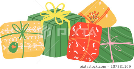Cute Christmas gift boxes, stack of festive and playful present boxes Cute Christmas gift boxes, stack of festive and playful present boxes 107281169