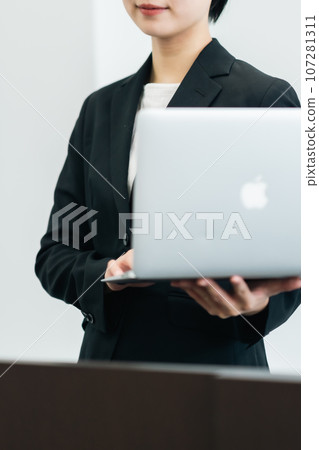 Seminar female lecturer white background Seminar female lecturer white background 107281311
