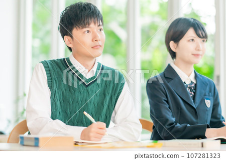 High school students taking classes in a bright classroom 107281323