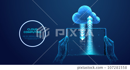 Business hands with tablet with cloud storage icon and arrow up and down signs. Business hands with tablet with cloud storage icon and arrow up and down signs. 107281558