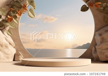 3D Podium with Shadow Nature Leaves, Brown Wall, and Sea Background 107281749