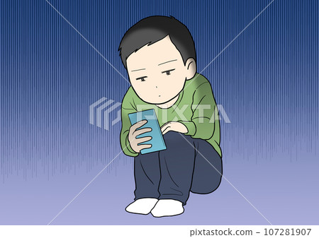 A man sitting and looking at a smartphone, melancholy A man sitting and looking at a smartphone, melancholy 107281907