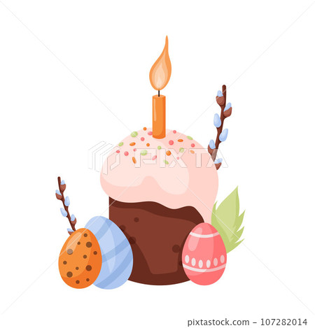 Easter pie with colorful eggs. Easter cake, eggs and willow twigs. Easter cake in cartoon style isolated on a white background. Easter pie with colorful eggs. Easter cake, eggs and willow twigs. Easter cake in cartoon style isolated on a white background. 107282014