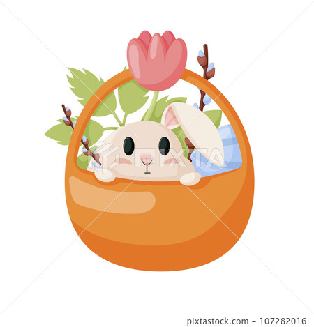 Spring Easter Bunny in a basket. Happy easter bunny with flowers and eggs. Easter bunny in cartoon style. 107282016