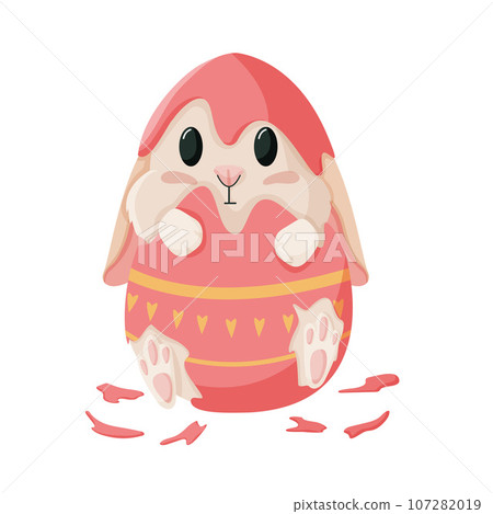 Easter bunny sitting in an egg shell. Spring easter bunny in egg. Happy Easter rabbit in egg. Vector cartoon illustration Isolated on white background. 107282019