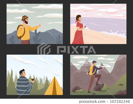 People travel in nature, looking at sky horizons, clouds. Scenes with people walking alone, enjoy scenic nature views. Harmony, freedom concept. Flat vector illustrations People travel in nature, looking at sky horizons, clouds. Scenes with people walking alone, enjoy scenic nature views. Harmony, freedom concept. Flat vector illustrations 107282248