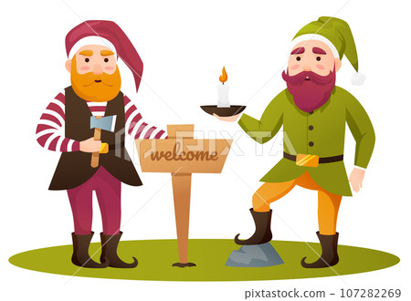 Cute Garden Gnomes. Cute fairytale character. Bundle of lawn ornaments or decorations. 107282269