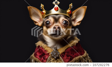 Advertising portrait, banner, serious looking chihuahua dog dressed in a queen outfit with a crown, isolated on black background 107282276