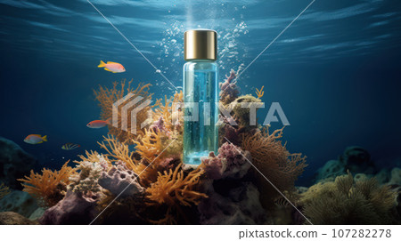 A blue bottle of beauty product presented as an unbranded mocap underwater. Advertising banner 107282278