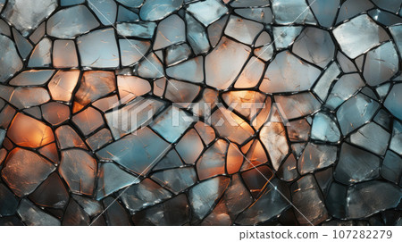Blue and rusty old broken glass pieces of random shape with light reflection, glass pieces as a glass texture Blue and rusty old broken glass pieces of random shape with light reflection, glass pieces as a glass texture 107282279
