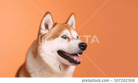 Advertising portrait, banner, smiling akita inu dog white and redhead color, look straight with open mouth, isolated on orange background Advertising portrait, banner, smiling akita inu dog white and redhead color, look straight with open mouth, isolated on orange background 107282308