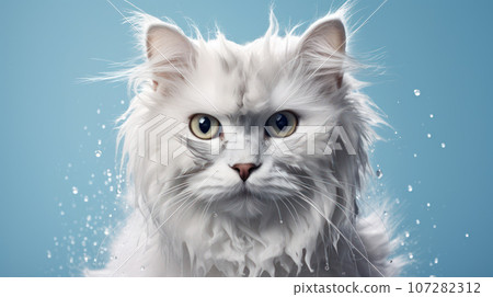Advertising portrait, banner, wet serious cat and water drops around with blue eyes, gray color, isolated on blue background Advertising portrait, banner, wet serious cat and water drops around with blue eyes, gray color, isolated on blue background 107282312