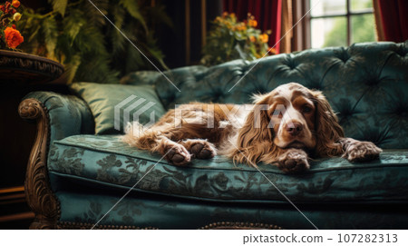 Red spotted dog spaniel lies on a dark green sofa in the office with beautiful interior Red spotted dog spaniel lies on a dark green sofa in the office with beautiful interior 107282313