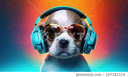 Advertising portrait, banner, puppy in disco atmosphere with glasses and headphones, isolated on colorful background 107282314