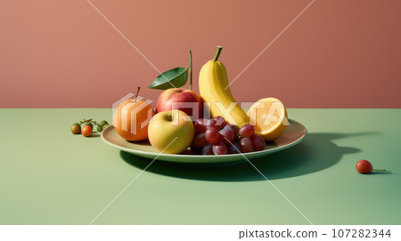Fruit plate on a table, delicate colors advertising shot empty space on yellow green background 107282344