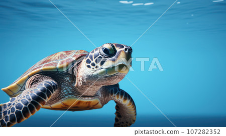 Advertising portrait, banner, classic turtle, swimming underwater and looks straight, isolated on blue background 107282352