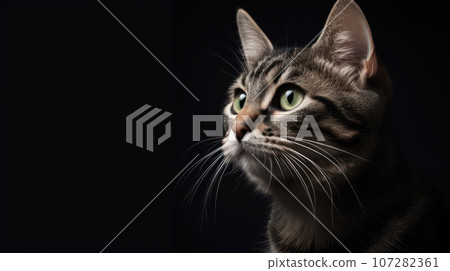 Advertising portrait, banner, cute classic striped color cat looks with green eyes, isolated on black background 107282361