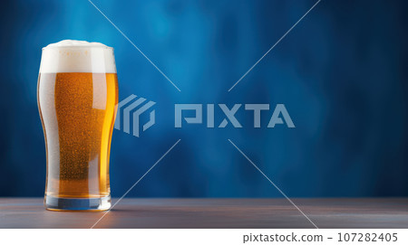Advertising shot, banner, a glass of light beer with foam isolated on a dark blue background 107282405