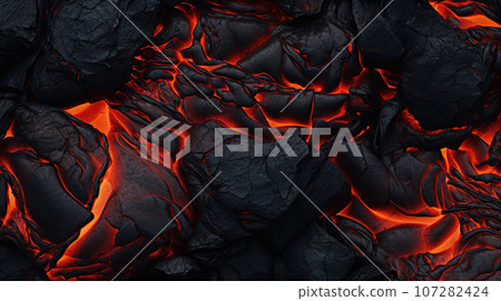 Molten lava or magma texture from volcano with red flows and dark black stones 107282424