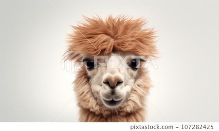 Advertising portrait, banner, funny classic alpaca with nice haircut, looks straight, isolated on gray background Advertising portrait, banner, funny classic alpaca with nice haircut, looks straight, isolated on gray background 107282425