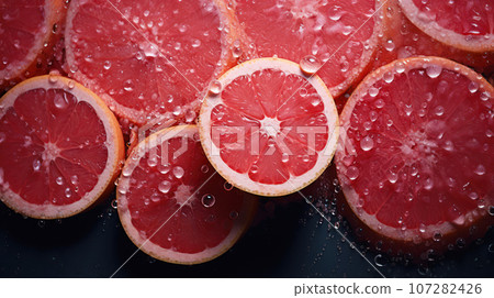 Many juicy, fresh, slised rape red grapefruits fruits with water drops in top view on dark background 107282426
