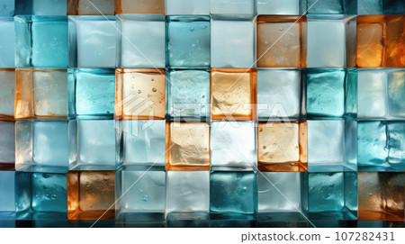 Blue, orange, brown color transparent pieces of glass rectangular shape in glass texture laid out in a mosaic Blue, orange, brown color transparent pieces of glass rectangular shape in glass texture laid out in a mosaic 107282431