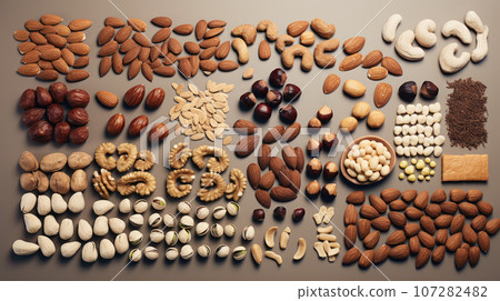 A set of different types of nuts in a top view on the table. Advertising shot of guests of nuts grouped in heaps 107282482