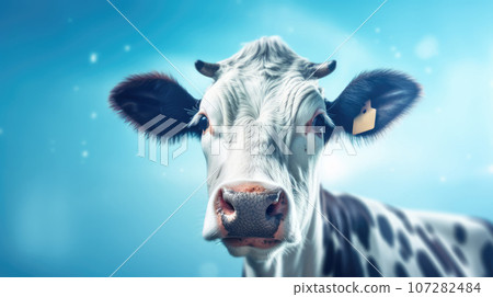 Advertising portrait, banner, white black cow with serious look staring into the camera, isolated on blue background 107282484