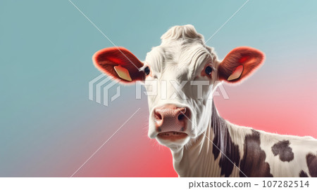 Advertising portrait, banner, white black cow with outstretched ears staring into the camera, isolated on blue red background 107282514
