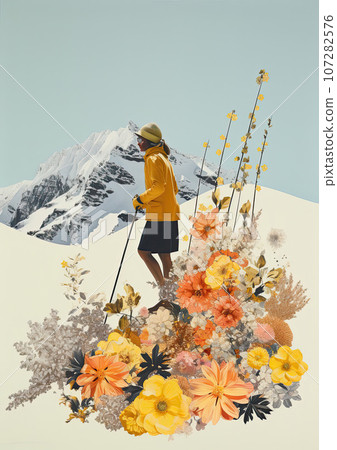 Minimalistic collage of a woman, skiing in the snowy mountains in yellow suit and black shirt with flowers at the foreground and mountains at the backgrounds. Surreal collage-style paintings Minimalistic collage of a woman, skiing in the snowy mountains in yellow suit and black shirt with flowers at the foreground and mountains at the backgrounds. Surreal collage-style paintings 107282576