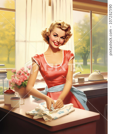 Minimalistic advertising retro postcard of a housewife woman in red dress, standing in the kitchen near the window 107282590