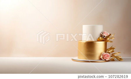 Advertising shot of a two layered white and golden wedding cake, isolated on light yllow background 107282619