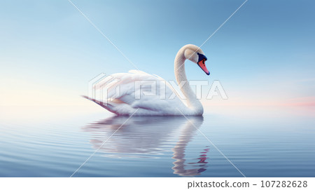 Advertising portrait, banner, swimming beautiful white swan and a reflection, isolated on light blue background Advertising portrait, banner, swimming beautiful white swan and a reflection, isolated on light blue background 107282628