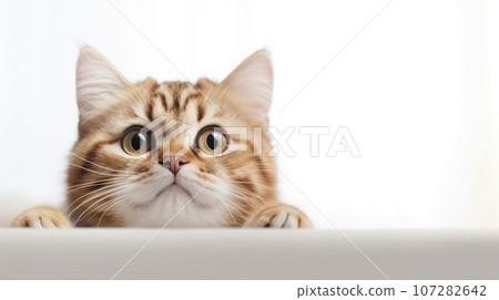 Advertising portrait, banner, young cat redhead color, lies on its paws, isolated on white neutral background Advertising portrait, banner, young cat redhead color, lies on its paws, isolated on white neutral background 107282642