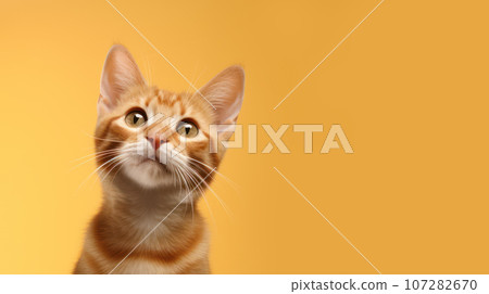 Advertising portrait, banner, wonder young cat redhead color, yellow eyes, straight look, isolated on yellow background 107282670