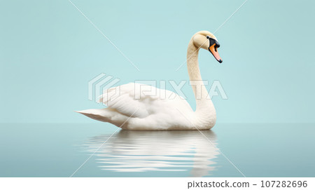 Advertising portrait, banner, swimming beautiful white swan, isolated on light blue background 107282696