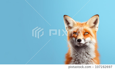 Advertising portrait, banner, beautiful fox with redhead fur, isolated on blue background Advertising portrait, banner, beautiful fox with redhead fur, isolated on blue background 107282697