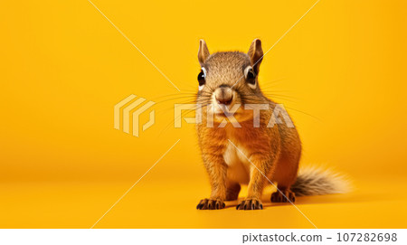 Advertising portrait, banner, redhead squirrel looks at the camera in surprise, isolated on yellow background 107282698