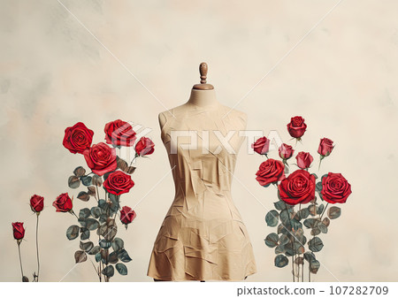 Minimalistic collage of white dress and red roses around on gray background. Surreal collage-style paintings 107282709